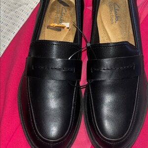 Clarks Black Leather Slip-On Penny Loafers for women